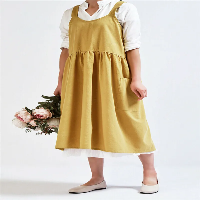 Women Cotton Linen Bib Apron Sleeveless Pinafore Home Cooking Florist Dress Household Cleaning Tools