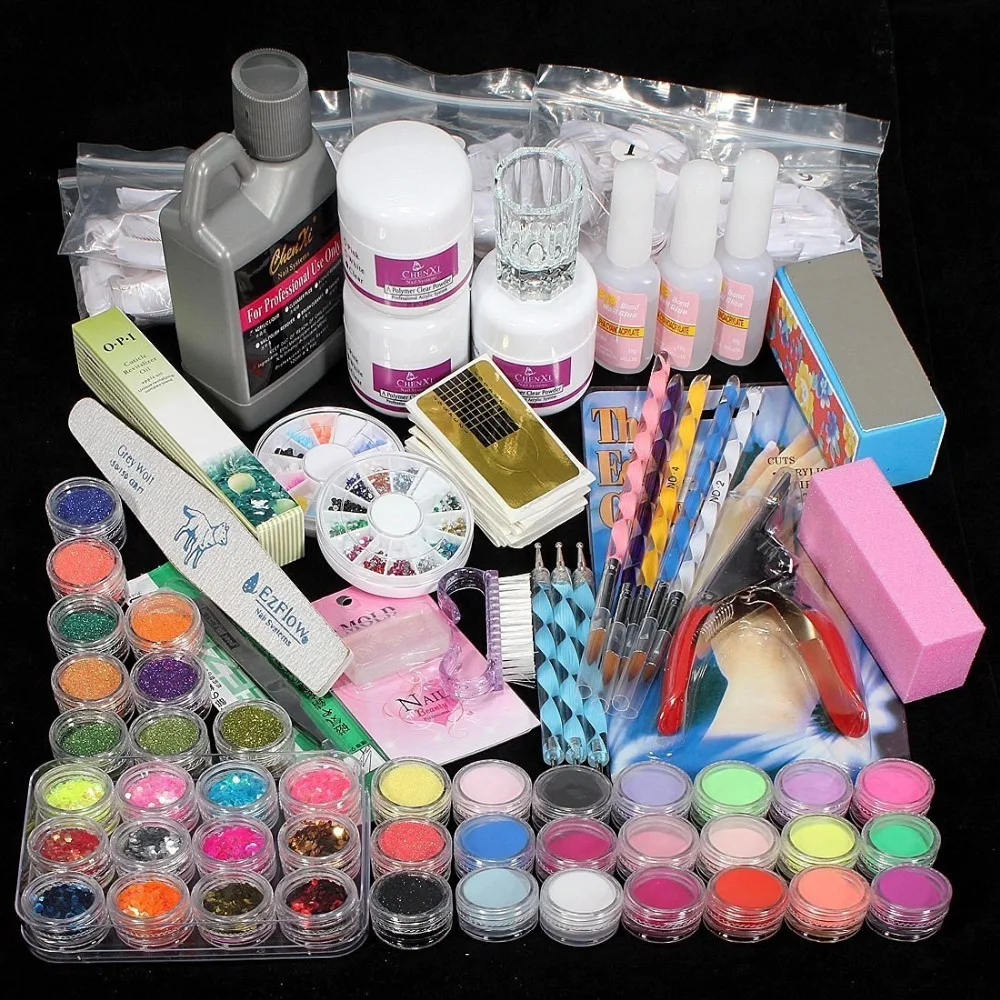 

High Quality Acrylic Nail Gel Manicure Art Tips Powder Liquid Brush Glitter Clipper Primer File Set