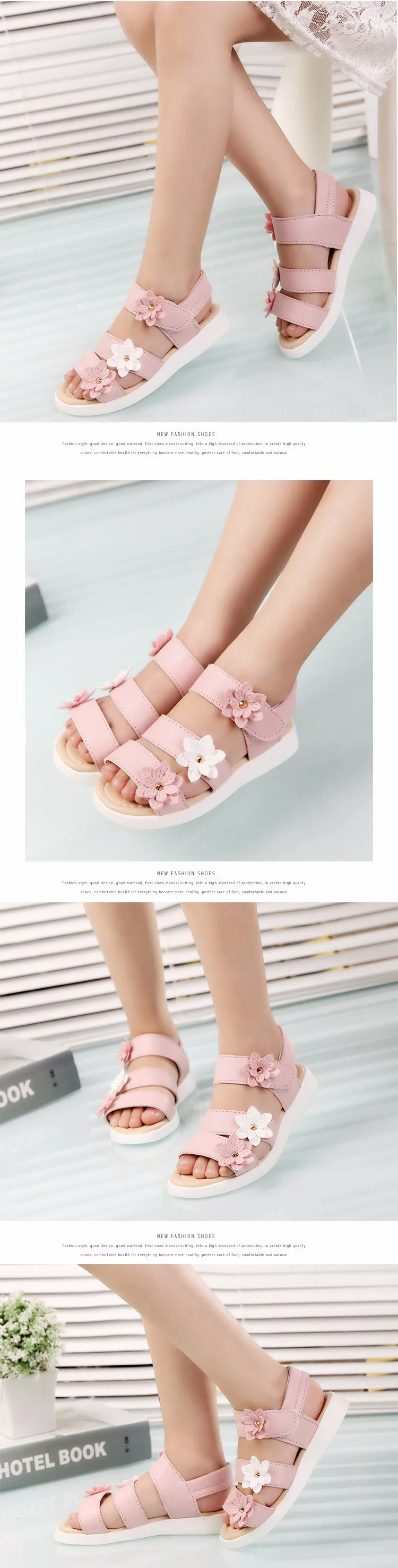 Летние Стильные детские сандалии для девочек; красивая обувь принцессы с цветами; детские сандалии на плоской подошве; римская обувь для маленьких девочек