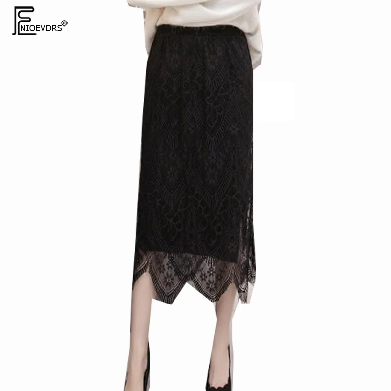 

Autumn Winter Knit Skirts Women Female Design Casual Black Gray Patchwork Hollow Out Lace Crochet High Waist Knitted SKirt