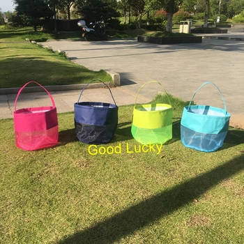 

30pcs/lot New Arrival Solid Fabric Beach Bucket Mesh Tote Patchwork Beach Shell Bag Summer Handbag Holiday Kids Tote