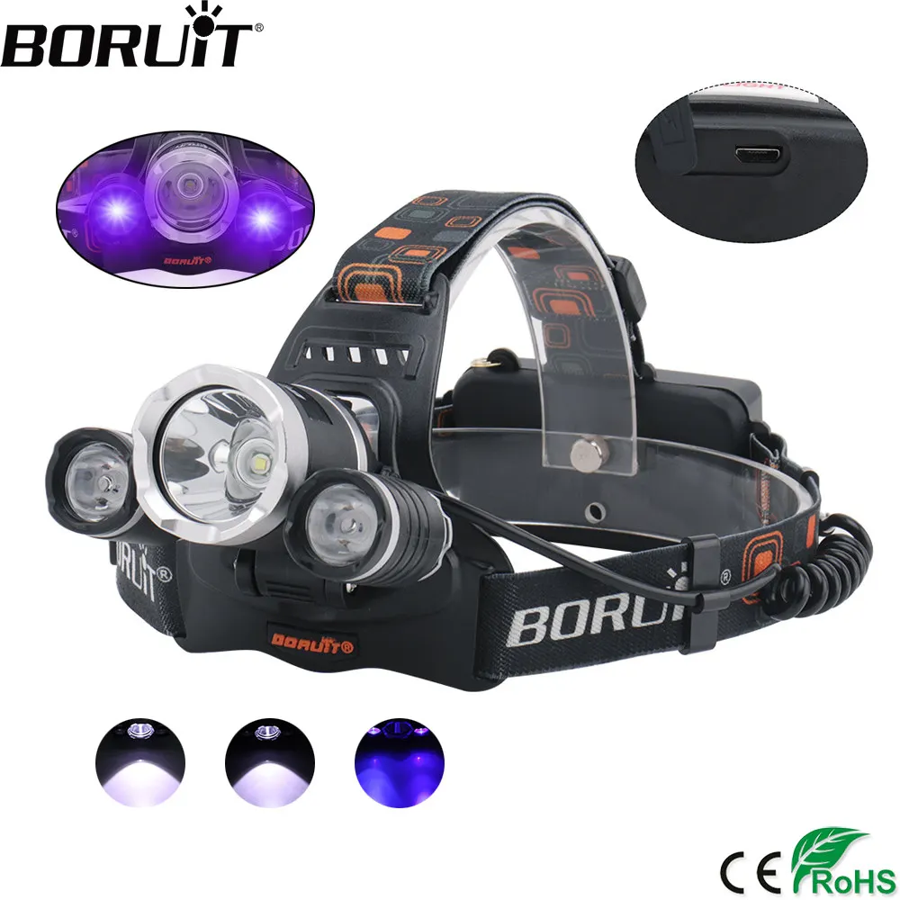 cheap BORUIT XML T6 XPE UV LED Headlight 18650 Battery USB Charger Headlamp 3 Mode Purple Head Torch Violet Detector Flashlight