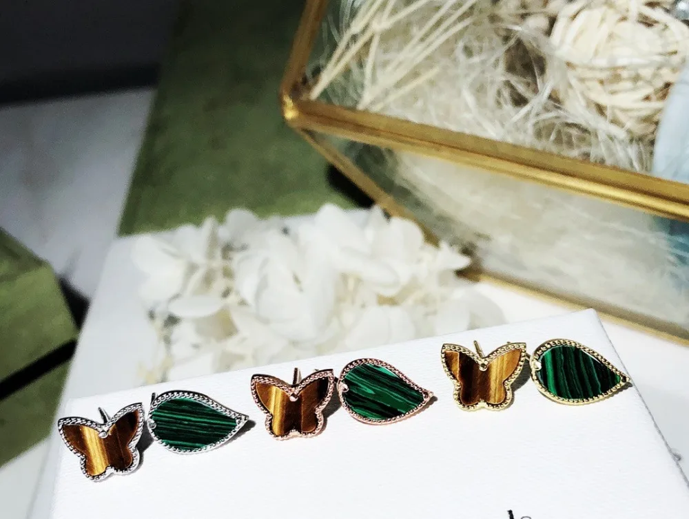 

Hot design tiger eye butterfly stud earrings green malachite stone earring studs famous brand replica jewelry for female girls