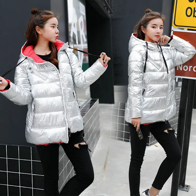 

Fashion Silver Bright Jacket Coat Women Winter Warm Down Cotton Short Parkas Bread Style Bomber Diagonal zipper Hooded Outwear