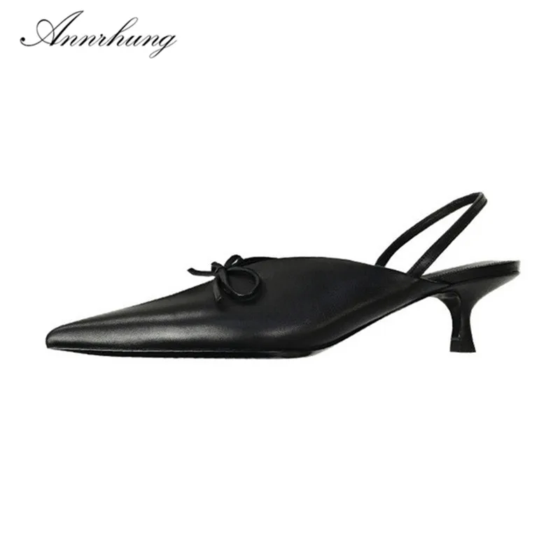 

2019 New Chic Kitten Heel Genuine Leather Sandals Women Pointed Toe Thin Med Heel Butterfly-knot Decor Party Sandalias Women