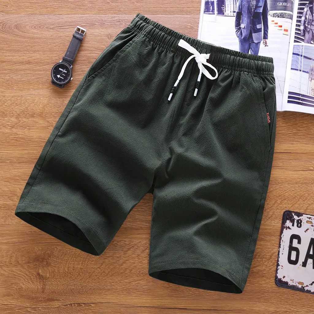 Army Green Летние мужские шорты для отдыха и спорта, повседневные пляжные шорты, пятицентные брюки удобного размера плюс, хлопковые пляжные шорты с поясом - Цвет: Army Green