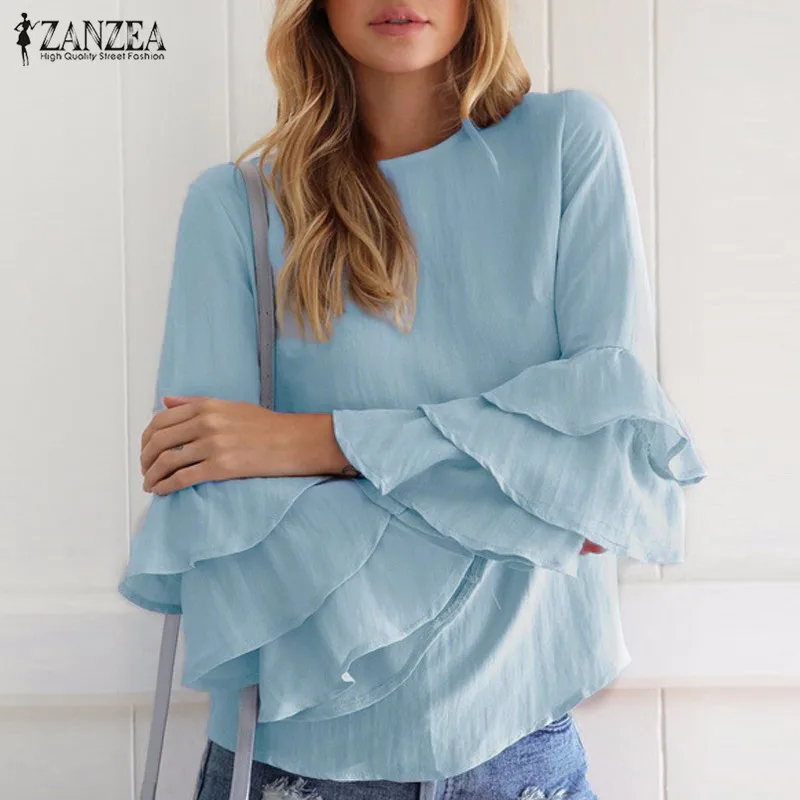 ZANZEA Women 2018 Jarní dámské Elegantní halenky Košile O krk 3/4 rukáv Solid Blusas Tops Casual Loose Pullover Plus Velikost