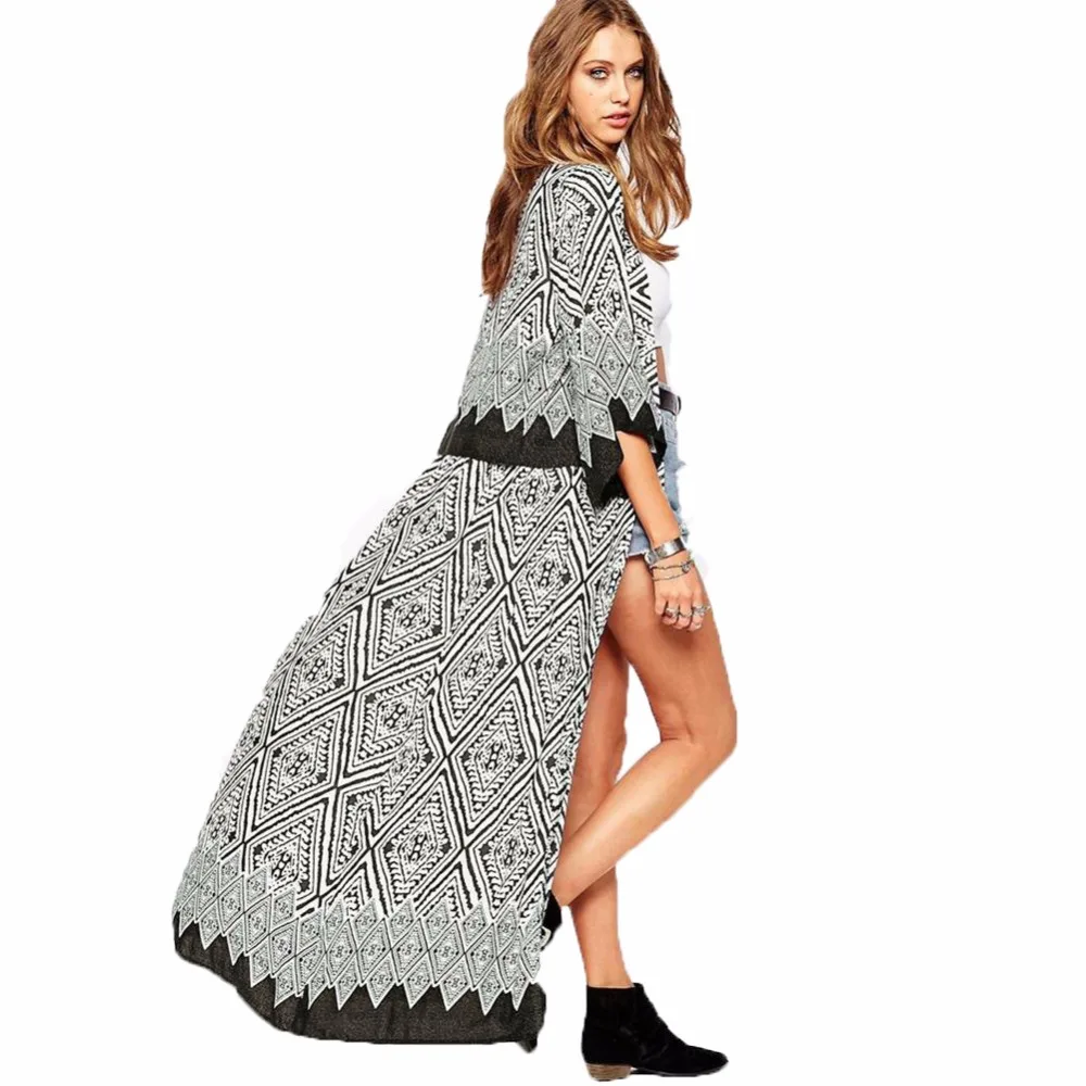 

3XL 4XL 5XL Plus Size Women Chiffon Kimono Cardigan Geometric Print Beach Bikini Cover Up Outerwear Summer Loose Boho Top Blouse