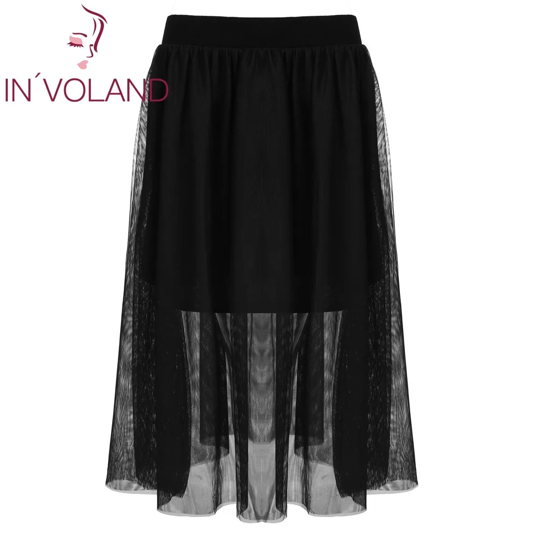 

IN'VOLAND Women Midi Skirt Elastic Waist Mesh Ballet Pleated Layered Mesh Tulle High Waist Lady Skater Skirt Plus Size XL-4XL