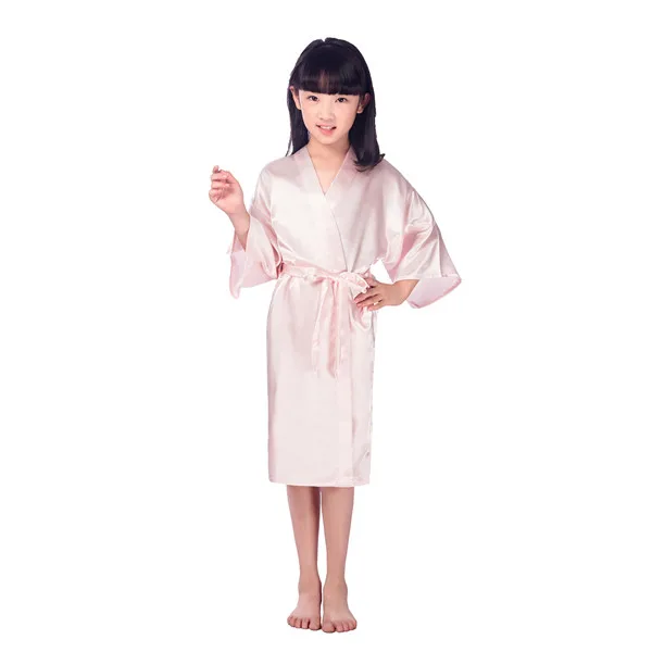 Детский однотонный Атласный халат; детское кимоно; халат подружки невесты; платье с цветочным узором для девочек; детский халат; ночная рубашка; домашняя одежда для маленьких девочек - Цвет: Pink