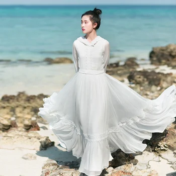 

Faye's store original design summer 2018 women vintage 10M large bottom lace appliqued long maxi hooded chiffon dress white