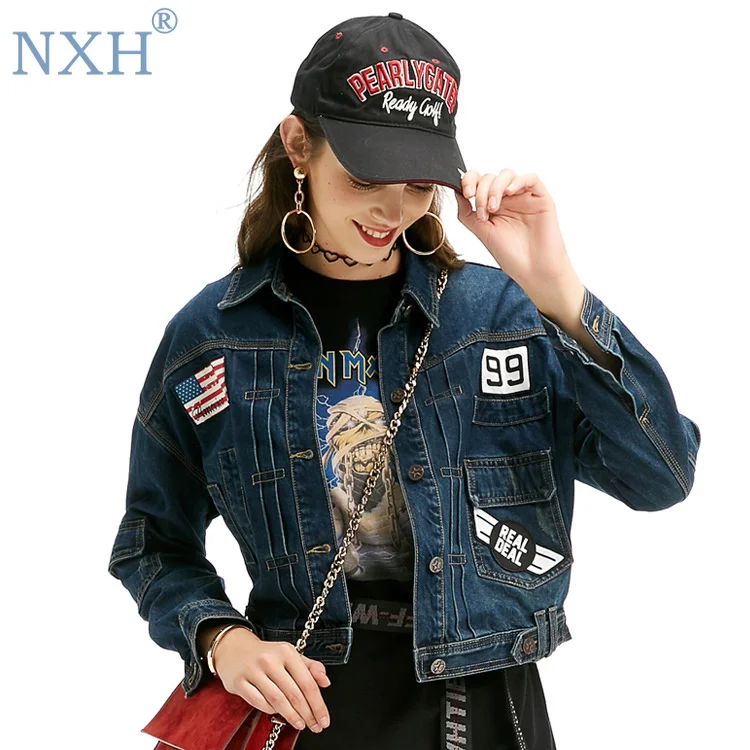 

NXH 2019 new spring autumn womens dark blue Denim jacket cropped jacket jean jacket womens jackets and coats streetwear