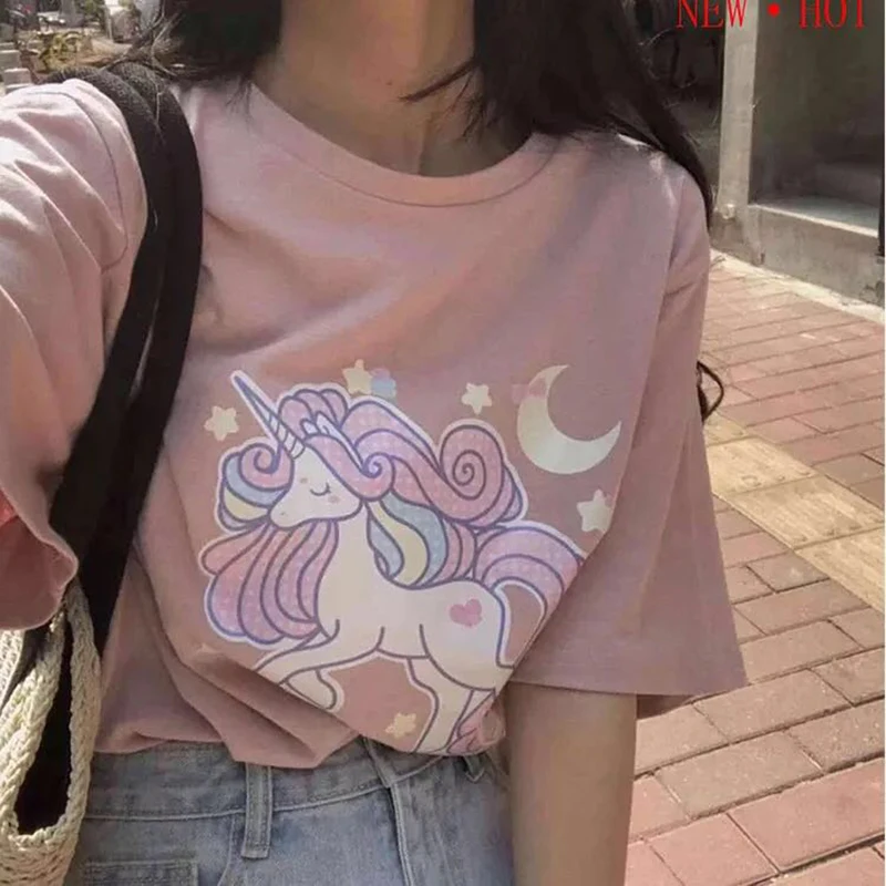 Mujeres verano algodón unicornio suelta mujer sudadera pullover casual manga larga casual más tamaño Top Camisetas Mujer