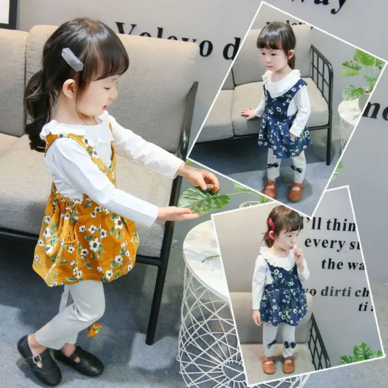 2018 Girls Baby Spring Autumn Three-piece small flower dress Cloth +Solid Long Sleeve T-shirt+bow-knot pants Cotton Kid's Sets 2018 Girls Baby Spring Autumn Three-piece small flower dress Cloth +Solid Long Sleeve T-shirt+bow-knot pants Cotton Kid's Sets