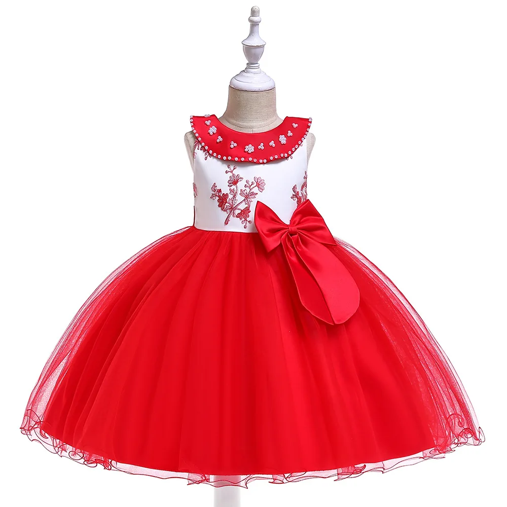 

2019 New Kids Lapel Embroidery Plant Mesh Dress Round Collar Pearl Children's Dress Princess Kids Little Girls Dresses