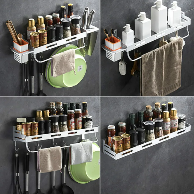 

Household Kitchen Wall Mounted Seasoning Knife Rack Multifunctional Storage Rack with Bottle Rack Blocks Hooks Pot Organizers