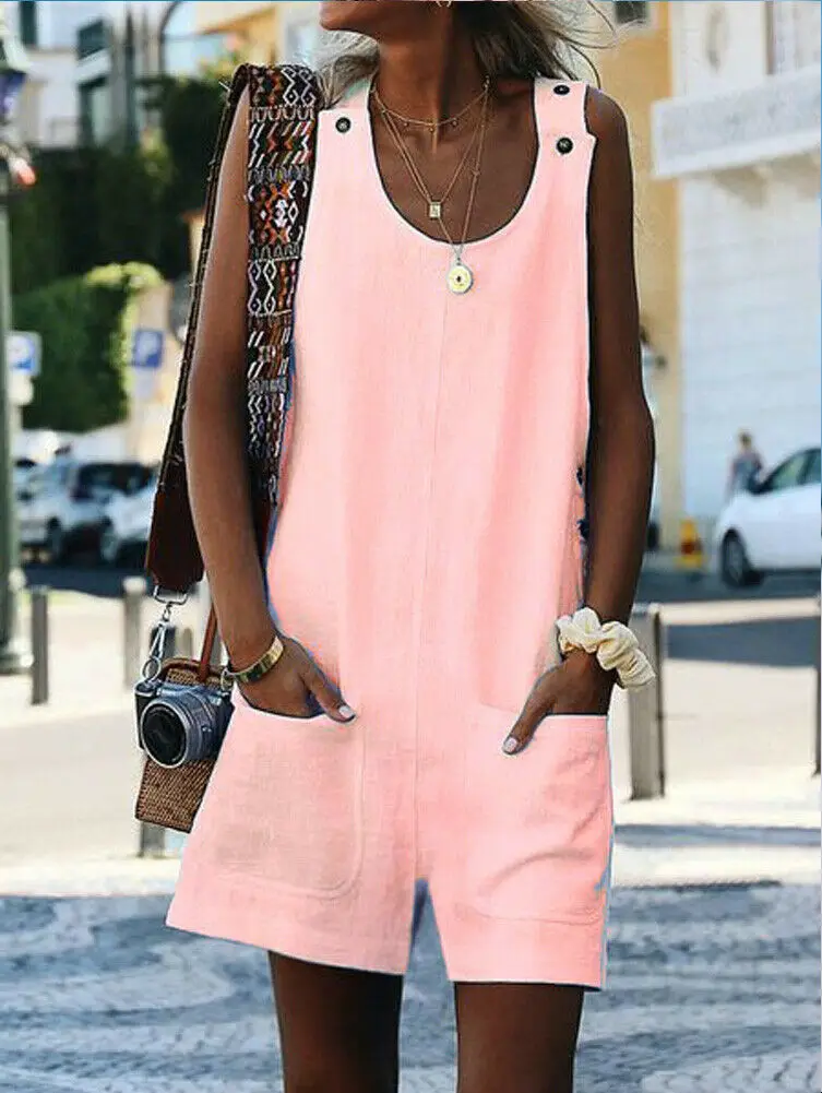 2019 Women Bodysuit Dungarees Linen Harem O-Neck Sleeveless Strap Pockets Solid Loose Jumpsuit Baggy Overall Casual Playsuit Hot