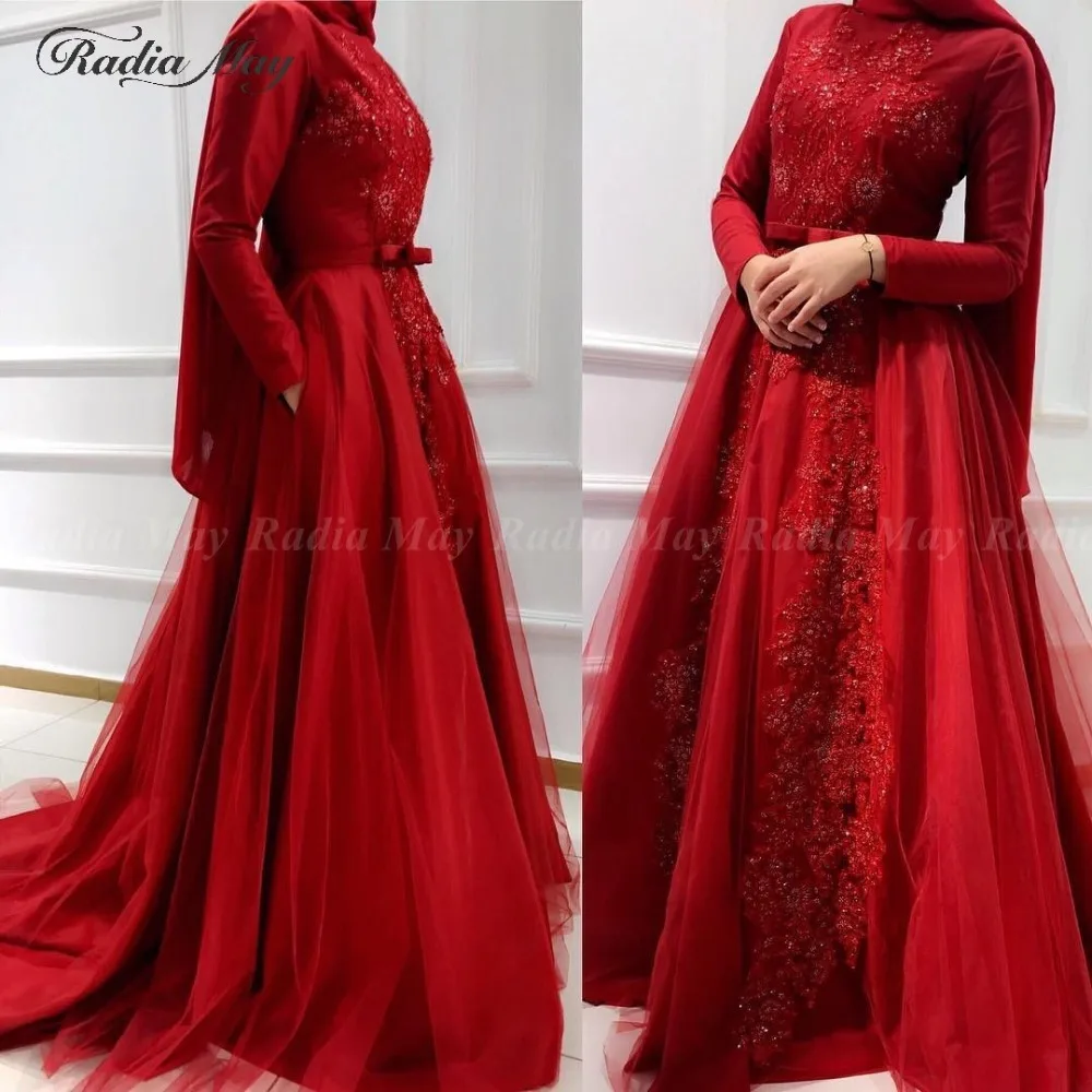 

Elegant Long Red Muslim Evening Dress 2019 Long Sleeves Lace Beaded Arabic Dubai Bridal Formal Prom Dresses Wedding Party Gowns