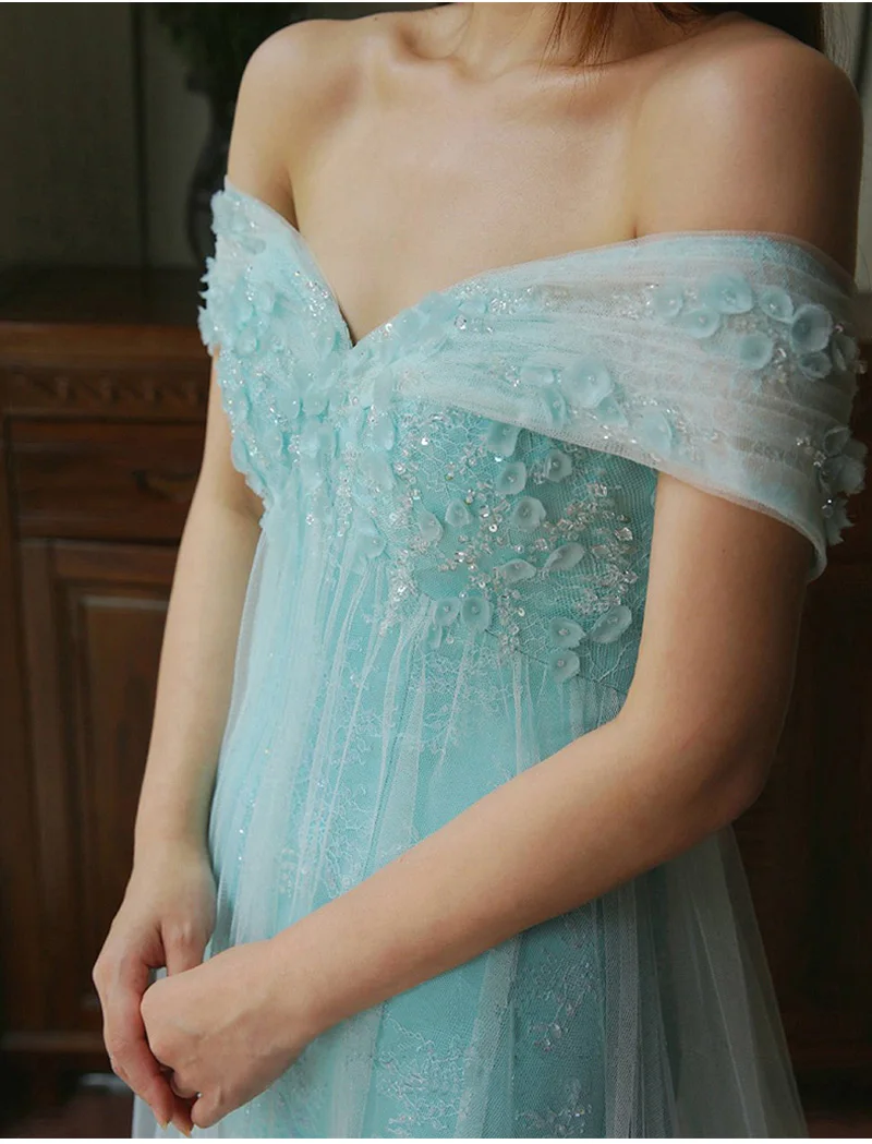 Vestido De Noche с Shouldr Пром платье светло голубой бисером длиной до пола для Свадебная вечеринка выпускной
