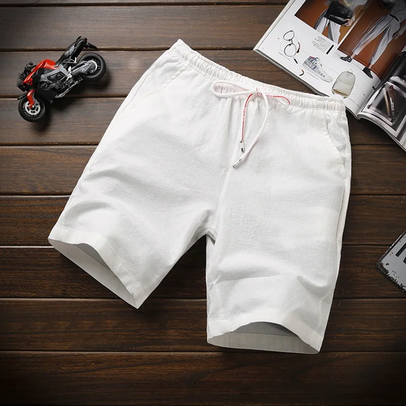 

Summer Linen Casual Shorts Men Loose Breathable Knee Length Shorts Homme Drawstring Solid Swimshorts Men Beach Short Pants