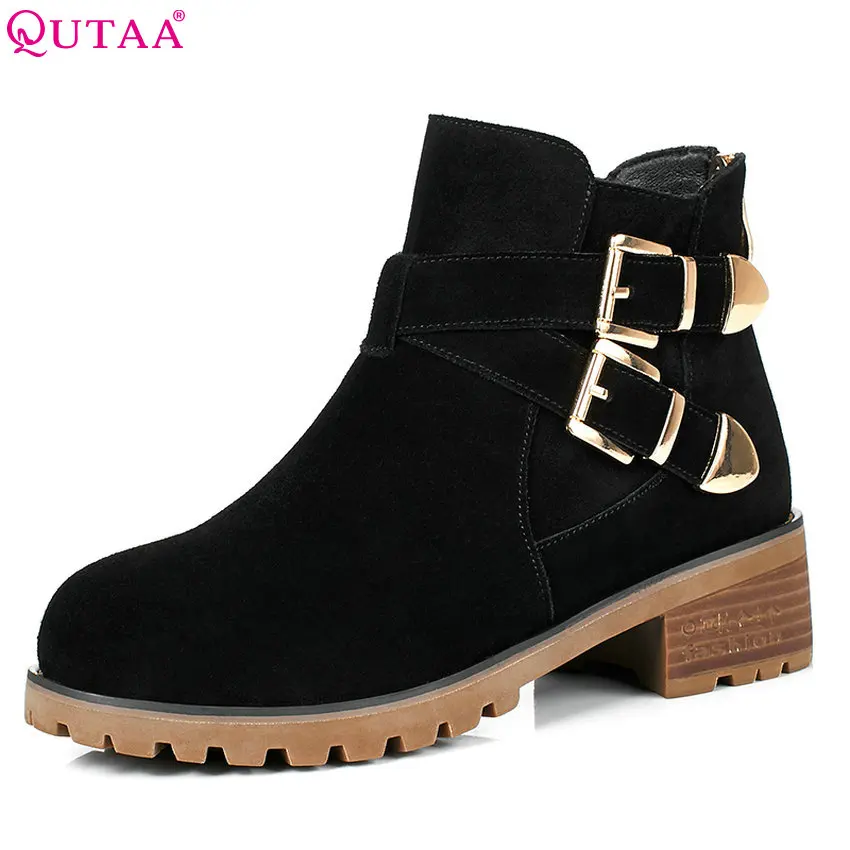 

QUTAA 2018 Women Ankle Boots Fashion Zipper and Buckle Design Square High Heel Round Toe All Match Women Boots Size 34-40