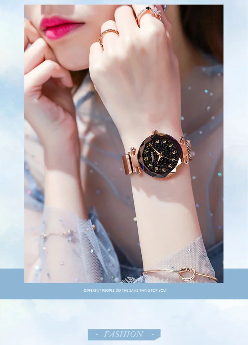 Горячая Распродажа, женские часы-браслет, модные роскошные часы с магнитной пряжкой, ремешок из нержавеющей стали, светящийся циферблат, звездное небо, кварцевые часы