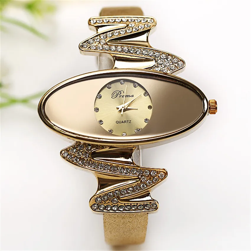 

Fashion Casual Brand Retro Gold Women's Quartz Watches Diamond Oval Dial Leather Lady Dress Wrist Watch Relogio Feminino Clock