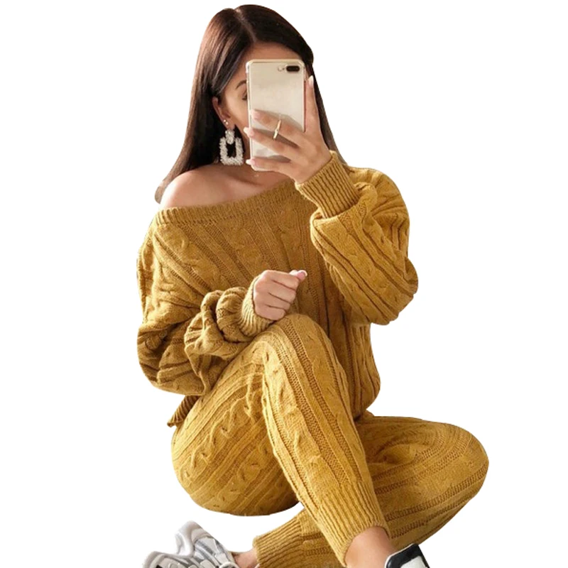 

Women Sweater Two Piece Set 2018 Autumn Solid Color Knitted Track Suit Off Shoulder Sexy Tops+Pencil Pants Casual Fitness Suits