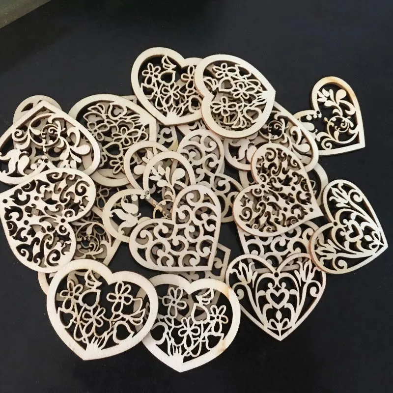 50pcs/lot Flower Heart Shape Wooden Craft Hanging Ornament Home Party Table Decoration DIY Handmade Scrapbooking Crafts 62569