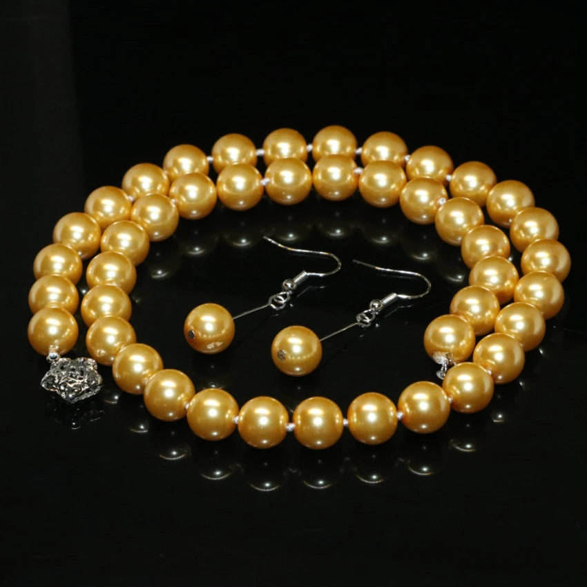 

Factory outlet 10mm gold-color faux pearl shell round beads high grade necklace earrings set luxury women jewelry 18inch B2329