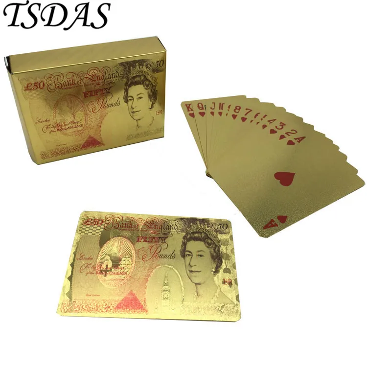 24 Karat Gold Foil Plated Colored UK Poker Cards With 50 Pound Design