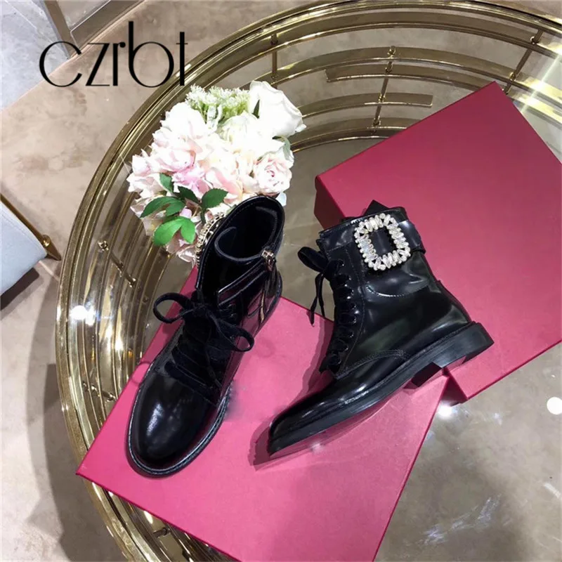 

CZRBT New Winter Women Boots Genuine Leather Buckle Zipper Crystal Ankle Boots For Women Casual Non-Slip Comfortable Shoes