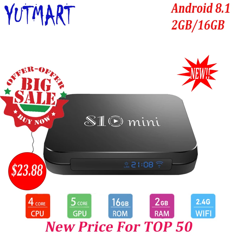 

S10 MINI Android 8.1 Smart TV BOX Amlogic S905W 2GB DDR3 16GB EMMC ROM Set Top Box 4K 3D H.265 Wifi Media Player TV Receiver