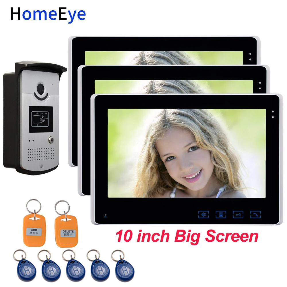 10'' Screen Video Door Phone Video Intercom 1V3 Home Access Control System+RFID Card Reader 1200TVL Waterproof Touch Button OSD