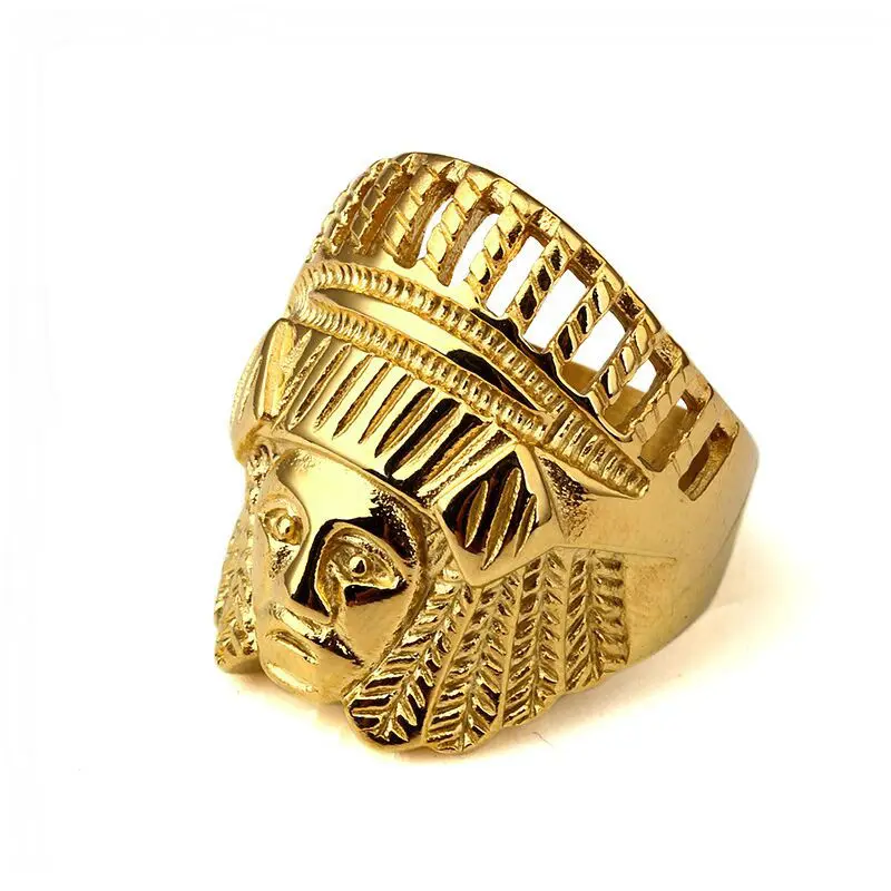 Gold color ring HIP HOP Men Steel Carving Indian Jewelry Rings Ancient Maya Tribal Chief Head