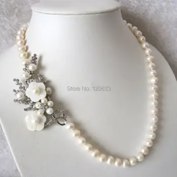 

ORANGE natural 7-8mm White Freshwater Pearl Necklace White Flower Pendant Strand wholesale women's jewelryLuxury Girls Wedding