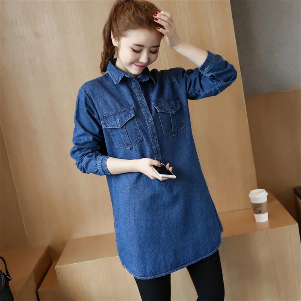 50 wholesale spring New pattern Easy Add fertilizer pocket Solid color fashion Lapel Button Lotus leaf edge Denim shirt woman