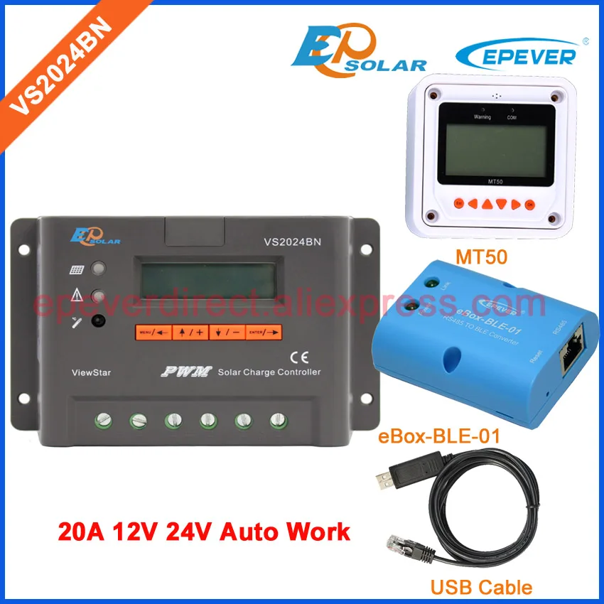 

Solar battery charger 24v 12v EPEVER EPSolar controller VS2024BN 20A 20amp bluetooth function and USB cable meter MT50