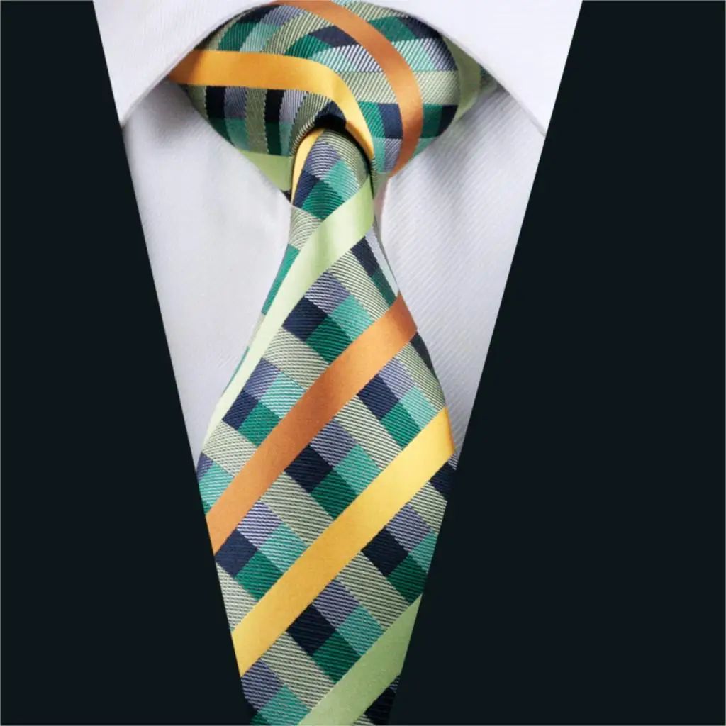 DH 218 Mens Tie Green Plaid NeckTie Silk Jacquard Ties For