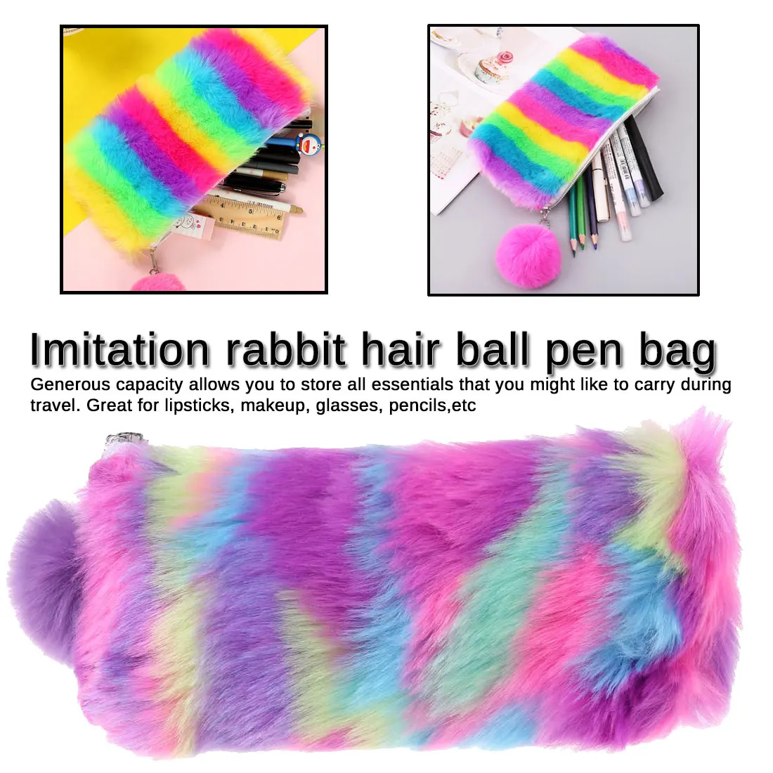 

New rainbow color plush pencil bag student large capacity stationery storage bag ladies plush sequin pencil case