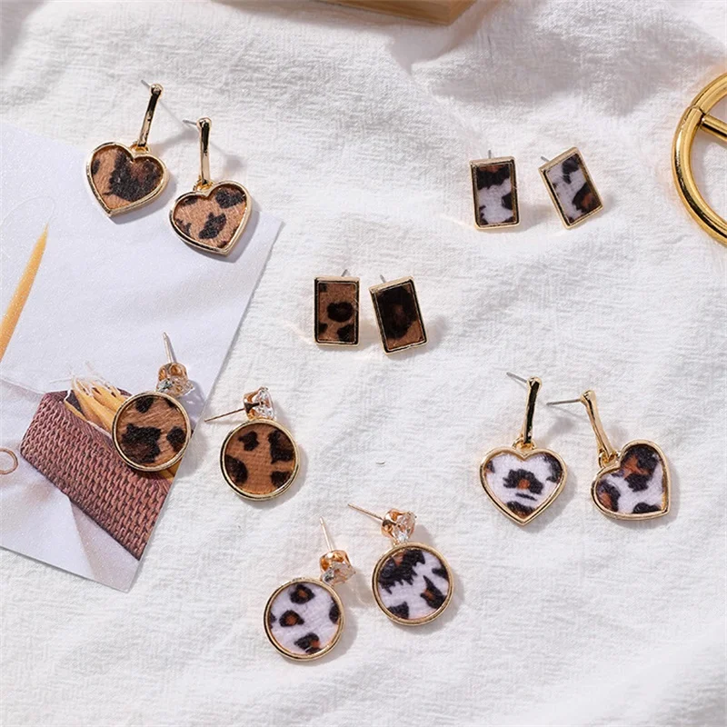 

3*Korea Autumn and Winter Fashion Imitation Leather Plush Leopard Heart shaped Geometric Square Earrings Ladies Earrings Jewelry