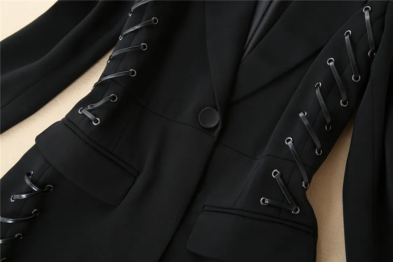 Модный бандажный Блейзер женская одежда Европейский кружевной дизайн черный Длинный блейзер верхняя одежда пальто OL офисные блейзеры