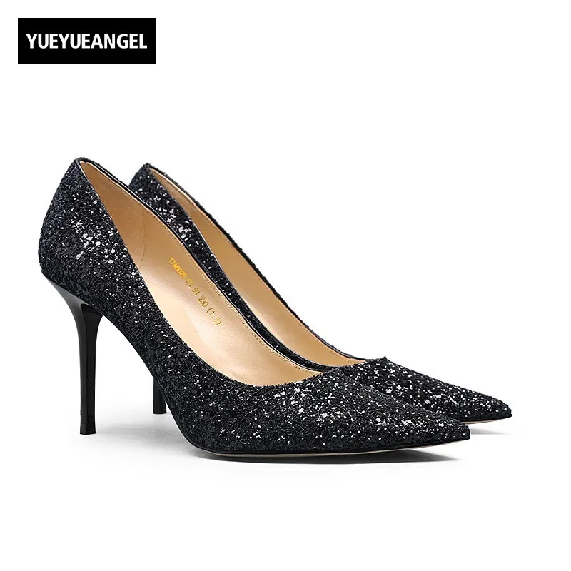 

Women Sexy Sequins High Heels Shoes Elegant OL Genuine Leather Pointed Toe Formal Pumps Female Bling Wedding Party Dress Shoes
