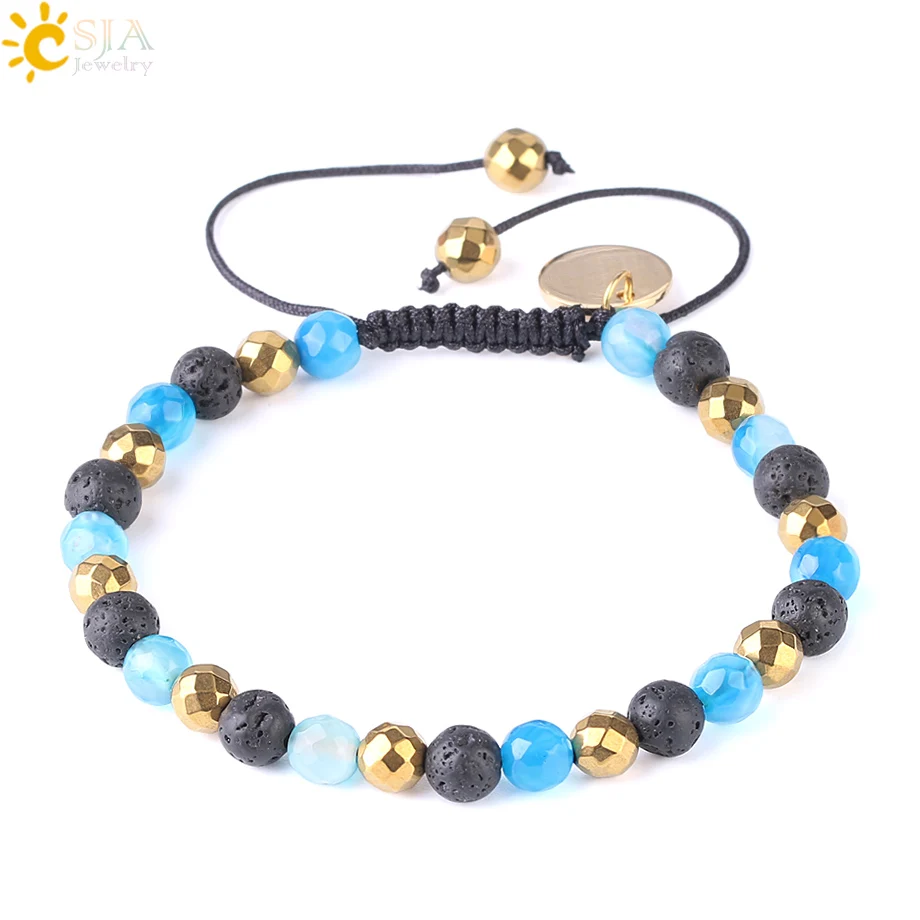 

CSJA Natural Lava Stone Men Bracelet Volcanic Rock Mixed Onyx Beads Handcrafted Weave Rope Beaded Bracelets Size Adjustable F541