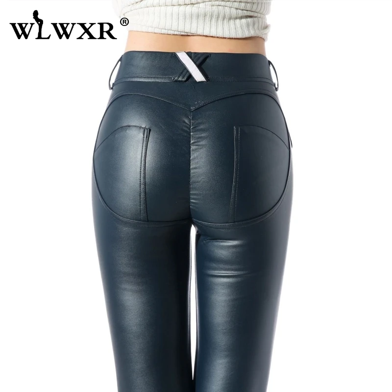 WLWXR панк брюки из искусственной кожи женские брюки эластичные Высокая талия Сексуальные облегающие брюки женские черные узкие брюки - Цвет: Синий