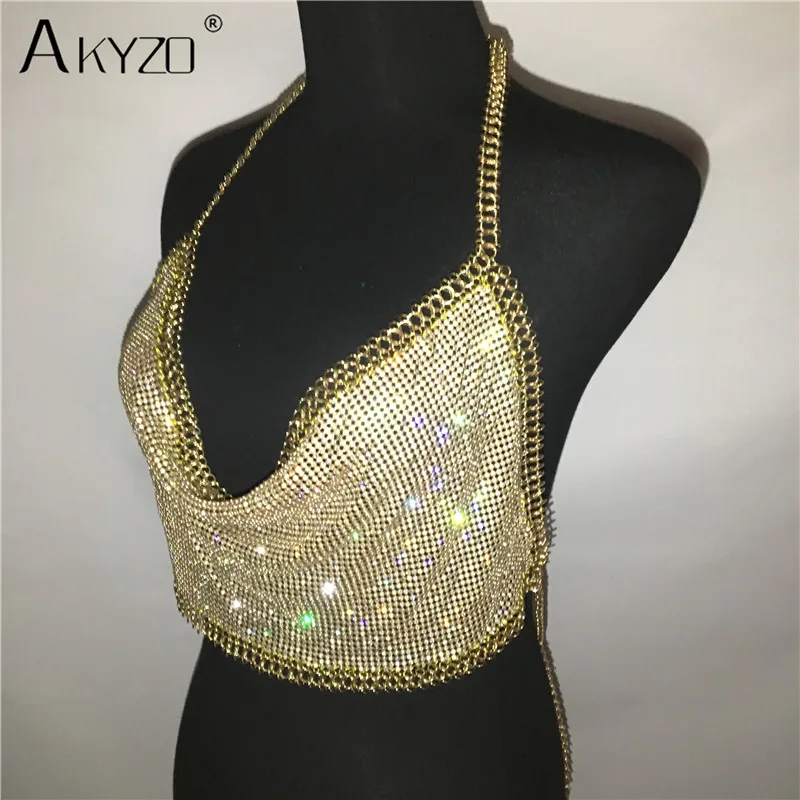 AKYZO Women Backless Luxury Rhinestone Camis Crop Top Fashion Chunky Metal Chain Diamond Hollow Out Plunge Halter Tank Tops