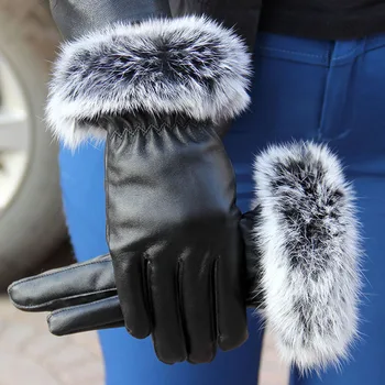 

Women thickening Winter Gloves Fashion Warm Thicken Elegant PU Leather High quality Faux Fur Wrist Warm Women's Leather Miteens
