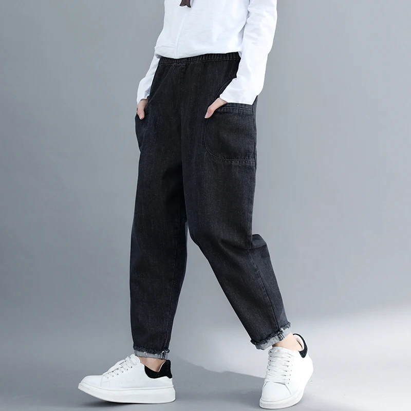 

2018 Autumn Boyfriend Jeans Harem Pants Plus Size Women Literary Loose Vintage Cotton Denim Pants High Waist Black Jeans