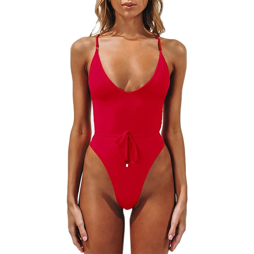 2019 women's drawstring halter one-piece sexy bikini set summer solid color sexy swimwear push up bikinis e fatos de banho 40J13 (7)