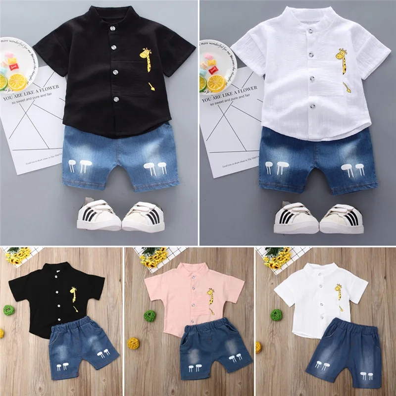 

2PCS Kid Baby Boy Cotton Tops Gentleman Shirt Jean Shorts Summer Clothes Outfits